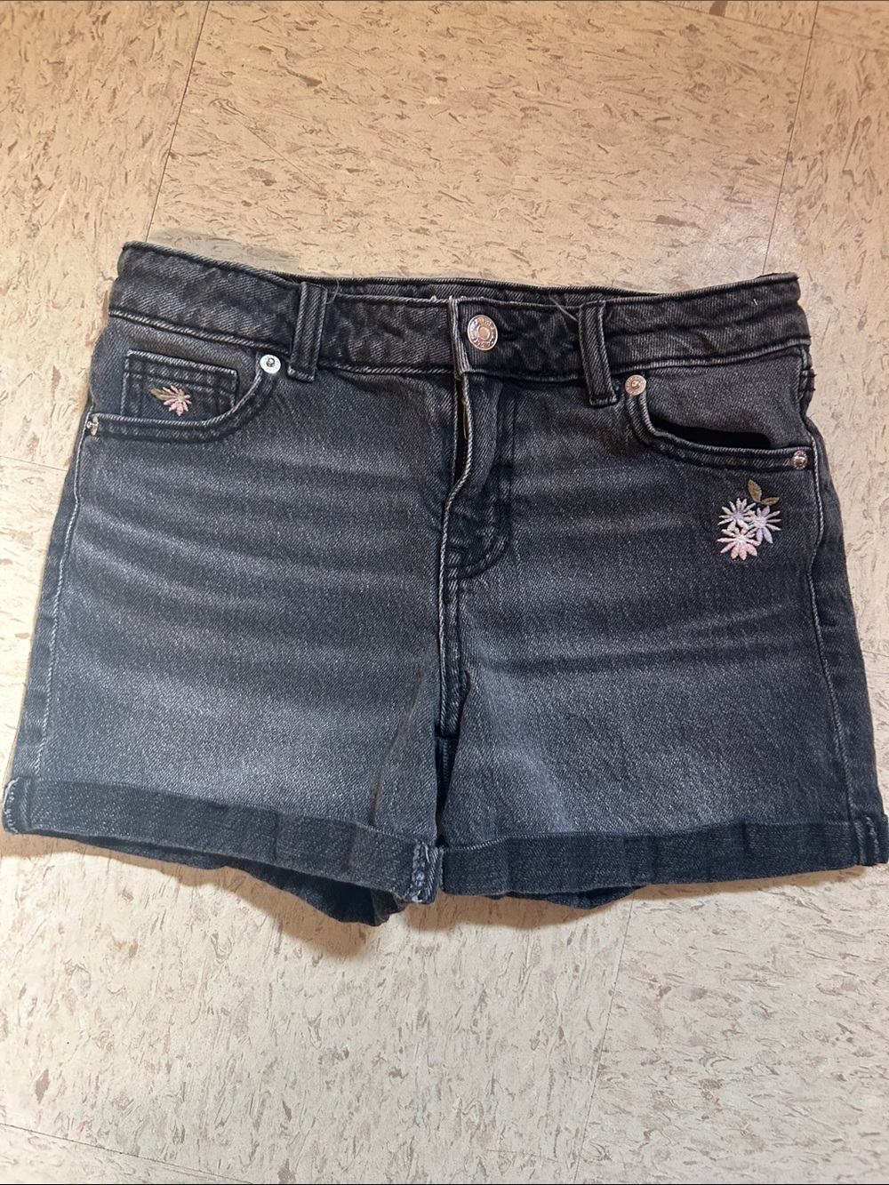 Cat & Jack Black Denim Shorts with Pink Floral Embroidery size 10-12